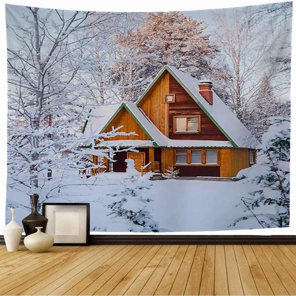Snow House Tapestry Winter Landscape Tapestry Snowy Tree Woodland Tapestries Wall Hanging for Bedroom Living Room Dorm Office