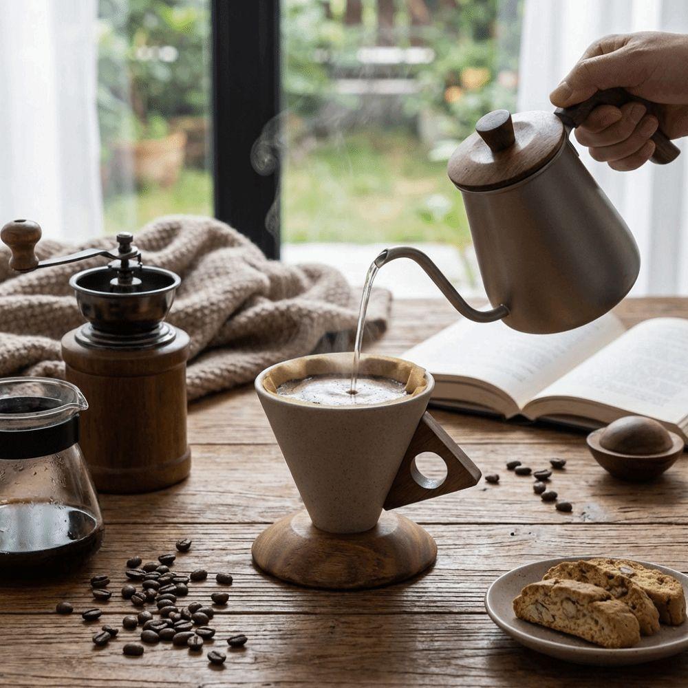 Triangular Cone Ceramic Coffee Cup Vintage Style with Handle Vintage Pottery Mug Drinking Cup Wooden Base Stoneware Cup