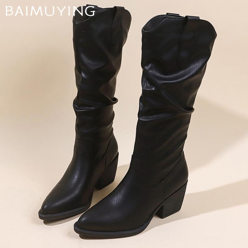 Iarnă Vârf Ascuțit Femei Cizme Înalte Piele Pliuri Toc Gros Mediu Retro Pantofi Tendință 2025 Designer Pantofi cu Toc Goth Botas De Mujer