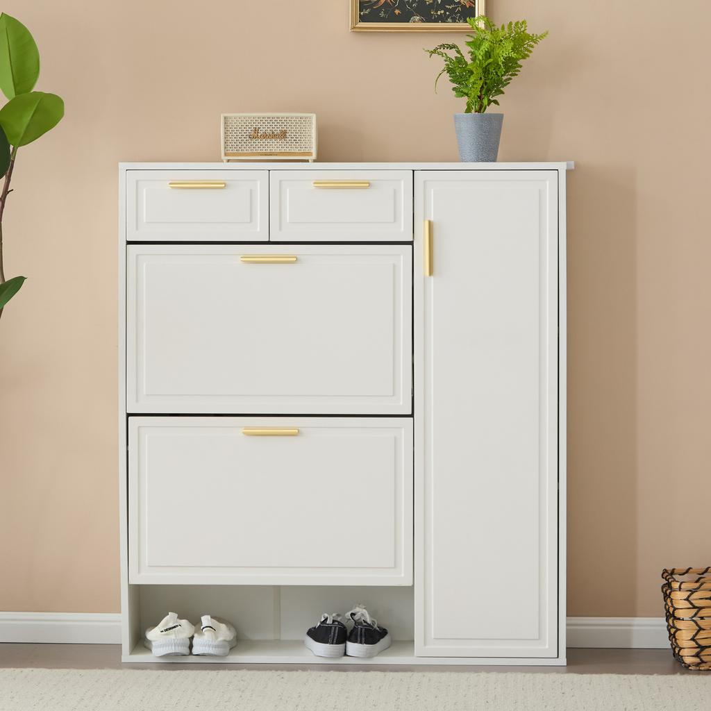 Modern Shoe Cabinet, with Adjustable Shelves, Gold Handles, Drawers, Flip-Down Shoe Cabinet and Doors, White, W95/D24/H107.5