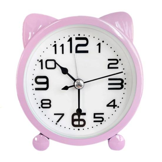 Non-Ticking Analog Clock Cat Ear Alarm for Kids, Silent Metal Cartoon Desk Clock, Battery Powered Home Office Decor