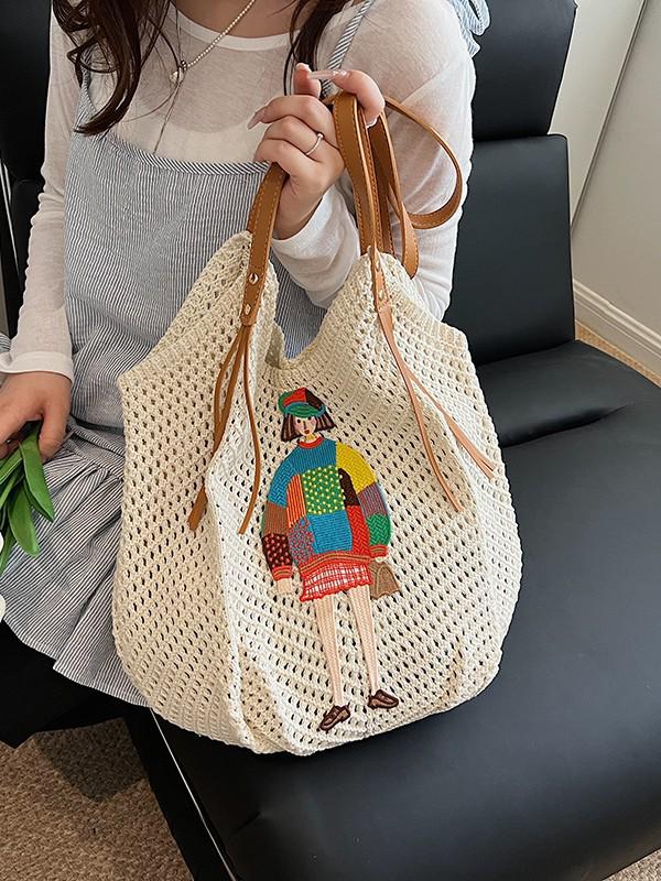Damen geflochtene Stroh-Schultertasche - Nischenmarkt, Lässiger Stil, Hohlmuster für Urlaub oder Pendeln