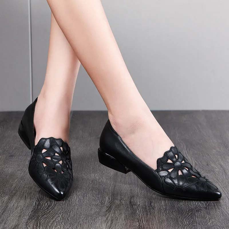 Soft Leather Carved Hollow Women's Leather Shoes Moccasin Work Shoes Cusp Thick Heel Soft Sole Sandals Comfortable Fashion Spring Summer