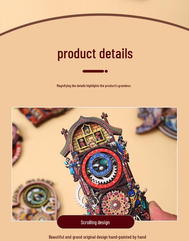 Prague Astronomical Clock 3D Wooden Magnet with Rotating Gears - Czech Travel Souvenir