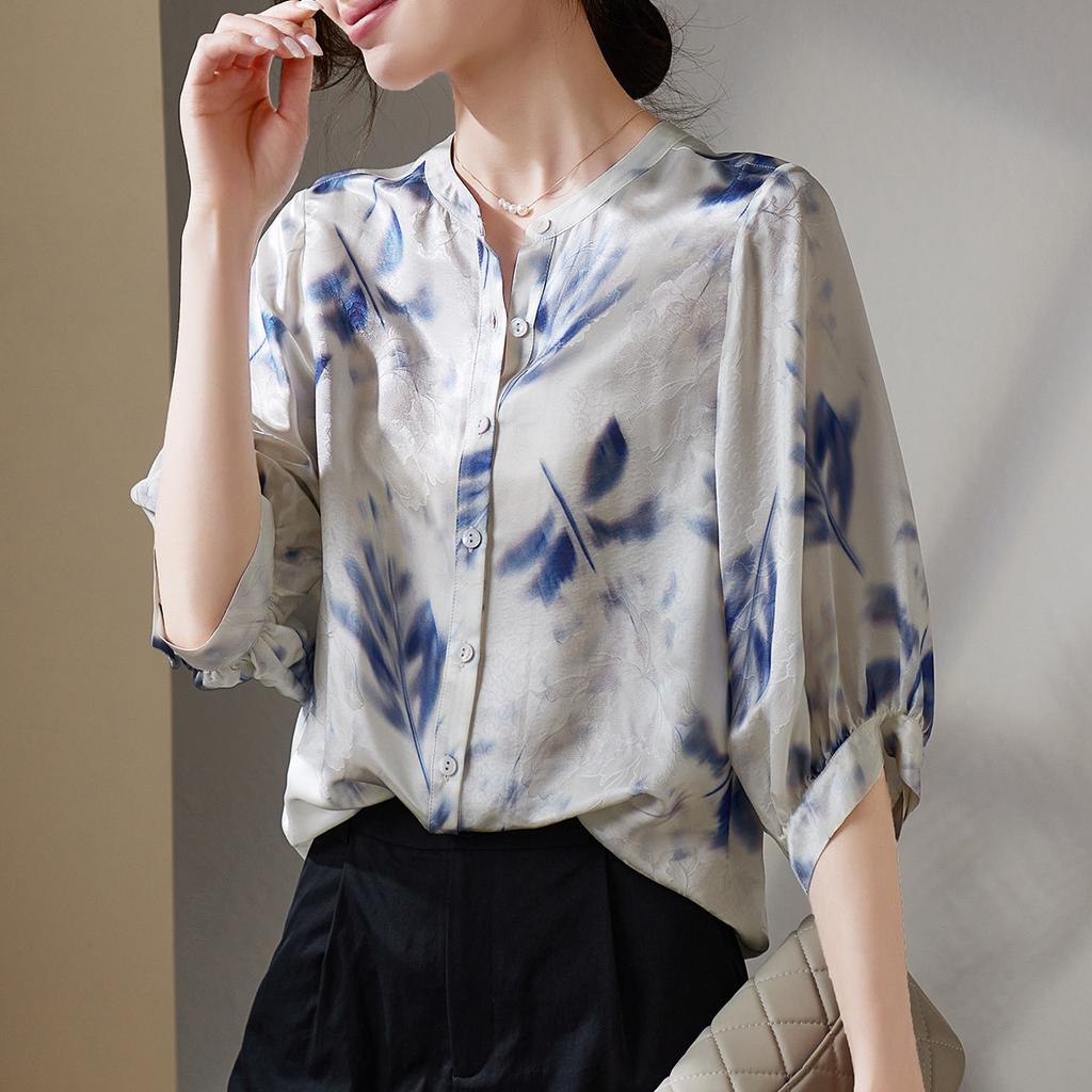 Fashionable printed round neck seven quarter sleeved shirt for women in 2026 summer, loose and versatile, including mulberry silk shirt