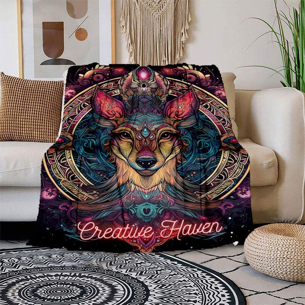 

Creative Haven: Vibrant Wolf Mandala Art Print Blanket Flannel Throw Blanket for Sofa, Bed, Travel, Camping, Office, Couch, Chair, And Bed 150x180cm