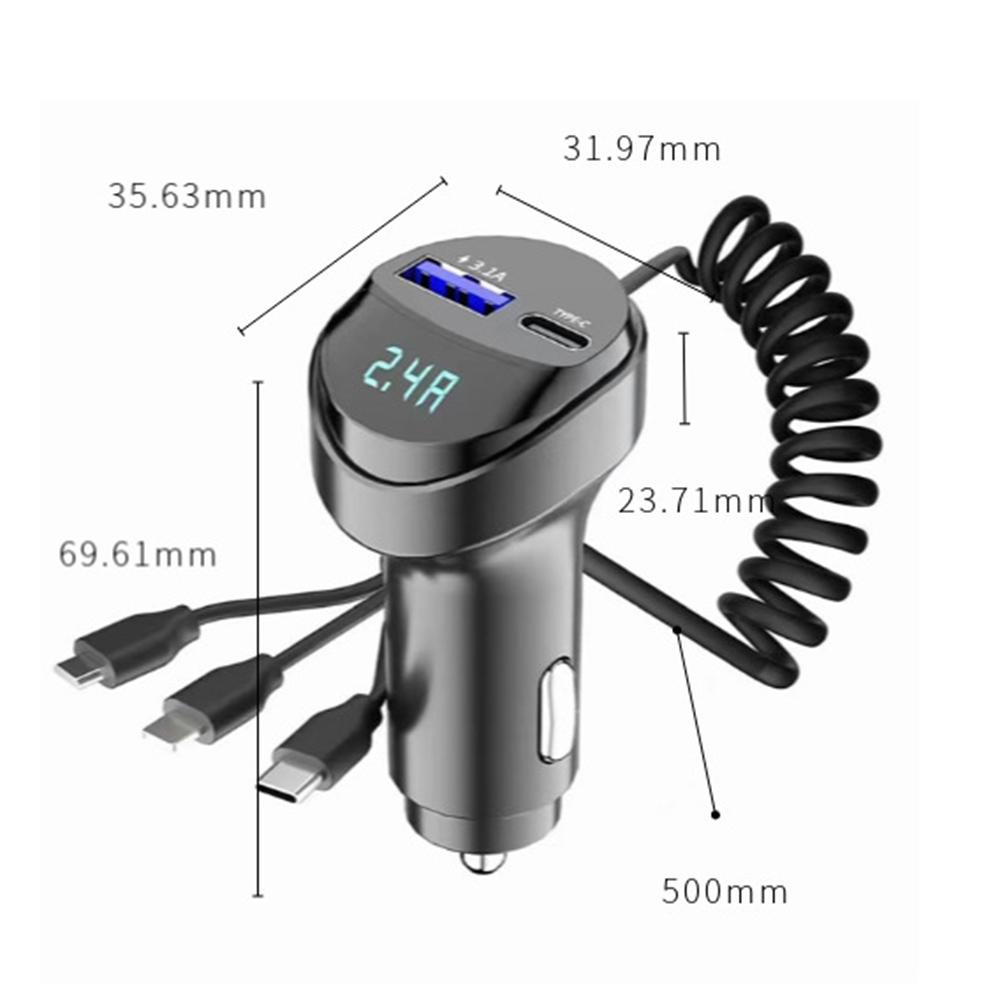 2 Ports USB Fast Car Charger Universal Car Phone Charger Retractable Cable With Voltage Display Auto Electronic Accessories