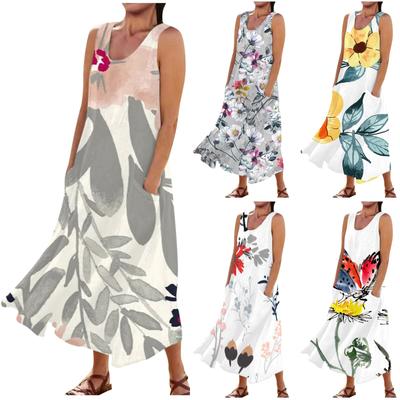 Dámske ležérne pohodlné bavlnené šaty bez rukávov s kvetinovou potlačou