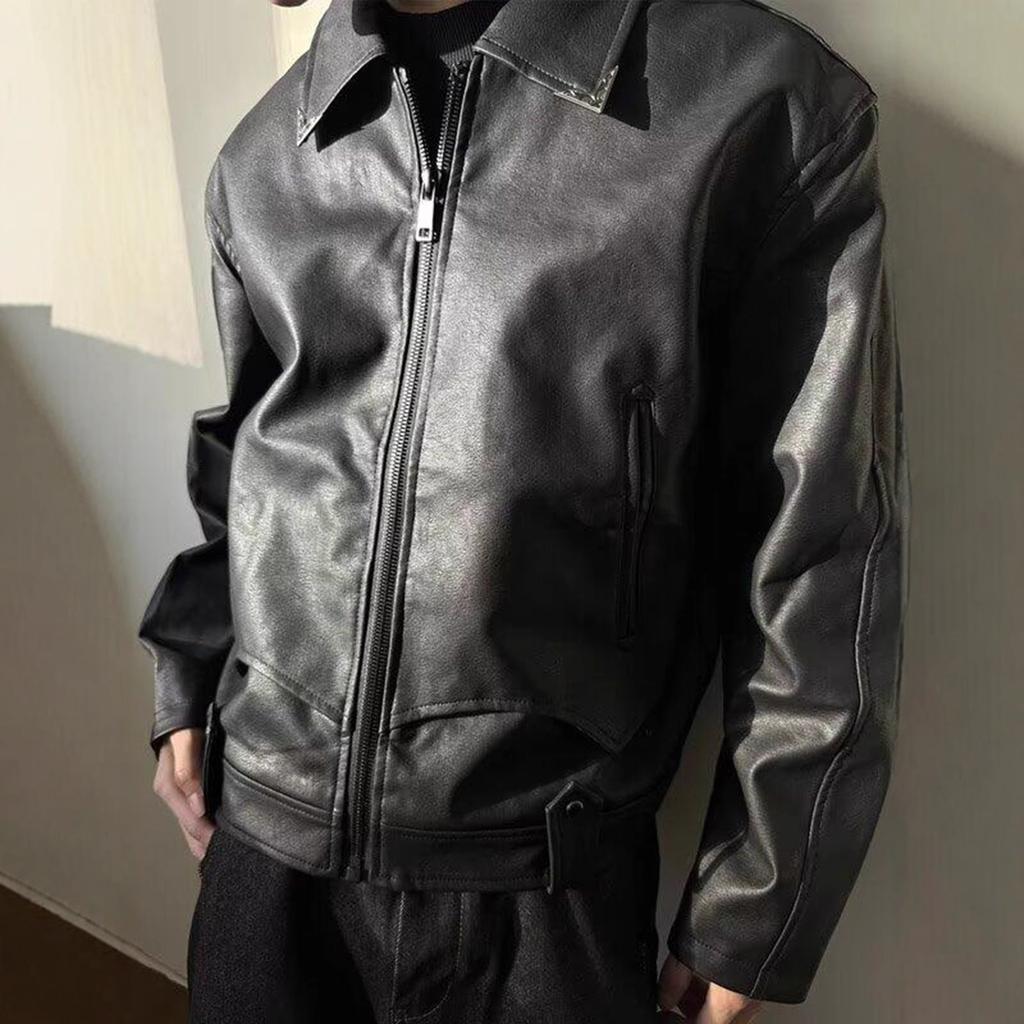 Lapel Leather Jacket Men's Autumn and Winter American Retro Design Jacket
