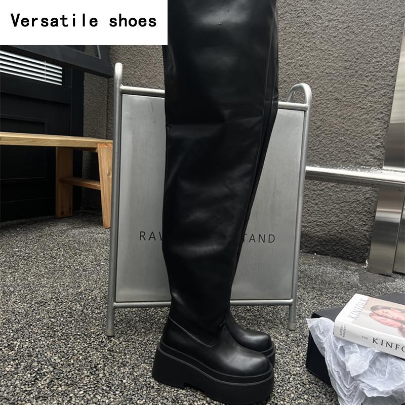 Winter Chunky Women Knee High Boots Fashion Slip On Pleated Long Booties Square Heels Party Dress Ladies Shoes