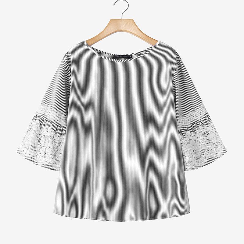 ZANZEA Women Casual Lace Patchwork 3/4 Sleeve Loose Stripe Blouse