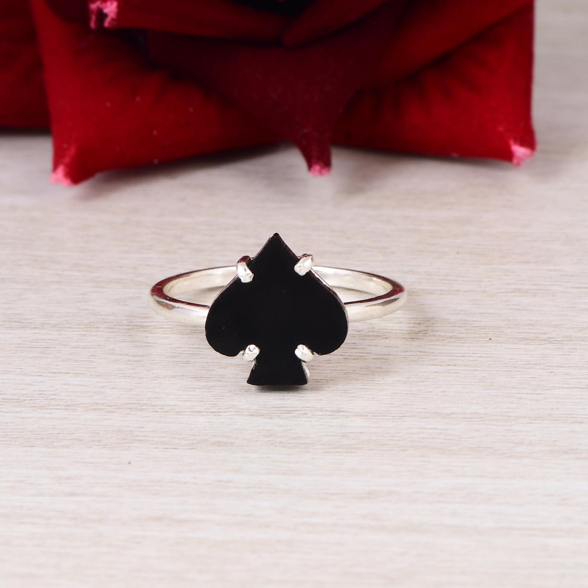 Black Onyx Spade Ring in 925 Sterling Silver, Minimalist Playing Card Ring for Women Men 5