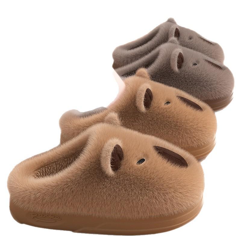 Damskie Kapibara Pluszowe Bawełniane Kapcie na Grubej Podeszwie - Antypoślizgowe, Ciepłe, z Zakrytymi Palcami Obuwie Zimowe do Wewnątrz/Na Zewnątrz