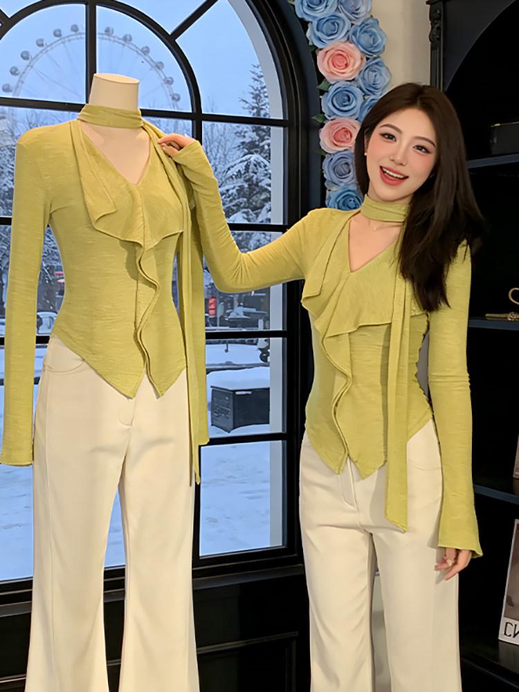 Ruffle Tie V-Neck Long Sleeve Green Slimming Casual T-shirt for Women