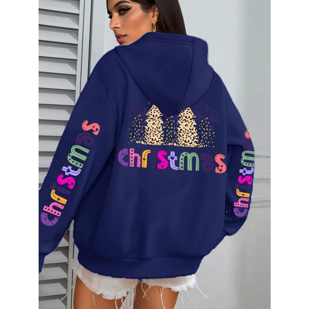 Merry Christmas Leopard Trees Printing Hoodie Women Hip Hop All-Match Streetwear Casual Loose Hoodies Autumn Woman Hoody