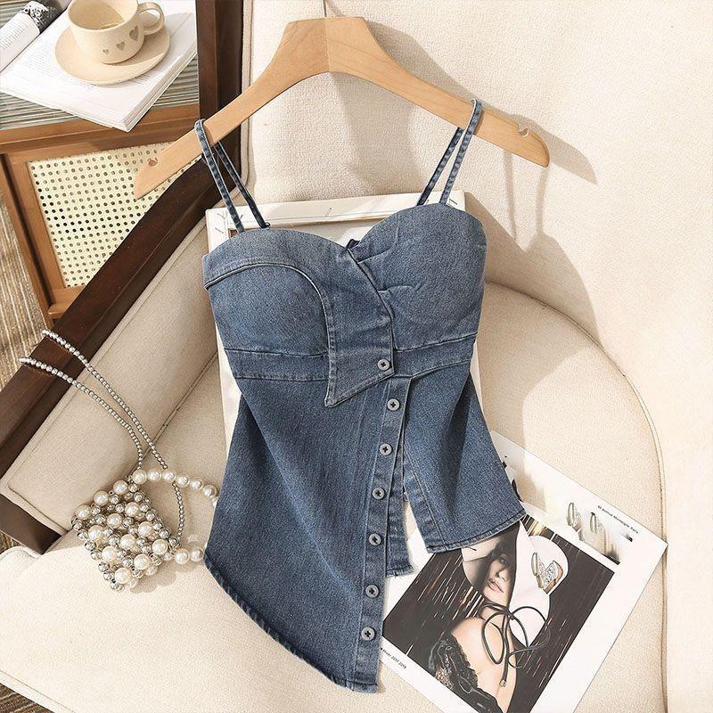 Sleeveless Denim Tops Sexy Women Summer Jeans Tanks Crop Top Removable Strapless Cowboy Bustier Corset