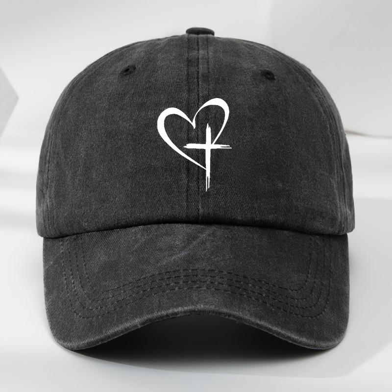 Retro washed baseball cap men's comfortable fit black and white heart-shaped cross print bohemian style casual sun hat
