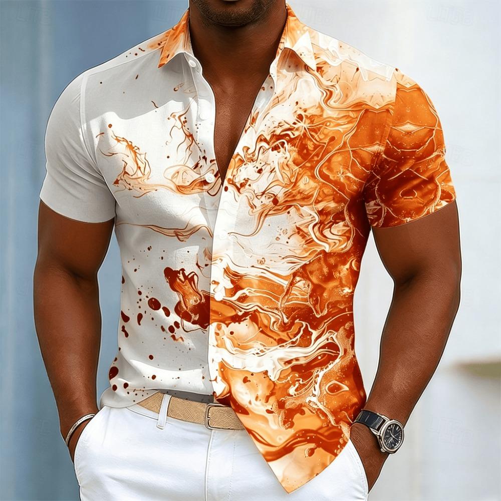 Men's ink swirl art print short-sleeve shirt, spring and summer casual abstract flowing pattern with buttons