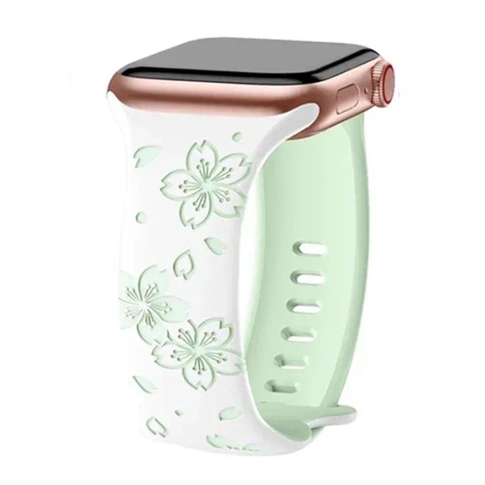 Silicone Band Engraved Floral Strap for Apple Watch 38mm 40mm 41mm 42mm 45mm 46mm 49mm iWatch Series 11 10 9 8 7 6 5 4 3 2 1 Se