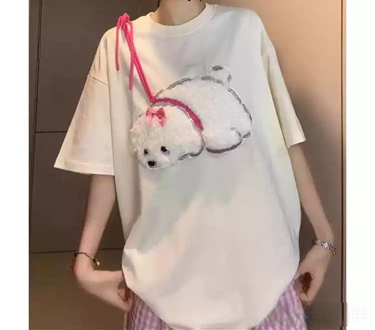 Women's Cute Cartoon Puppy Flocked Short Sleeve T-Shirt - Slimming Summer Casual Top