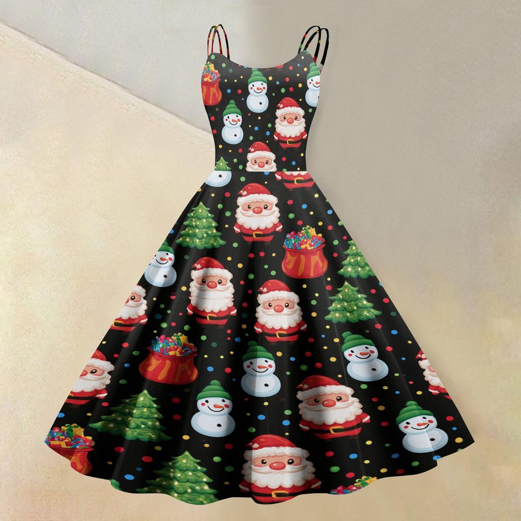 Women's Casual Sleeveless Dress with Christmas Print and Round Neck for Holiday Party