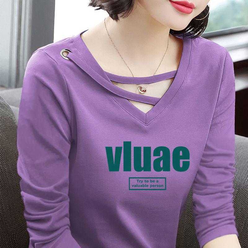 

Женская футболка с длинным рукавом и V-образным вырезом, 100% хлопок, корейский стиль, повседневная мода, весна/осень, базовая модель с прямым плечом. 2XL