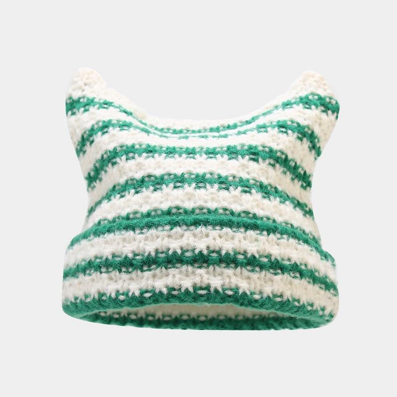 Imp Ear Warm Woolen Cap Female Cute Cat Ears Fashion Striped Knitting Cap Set Head Cap Fashion Hip-hop Cotton Cap Bean Cap