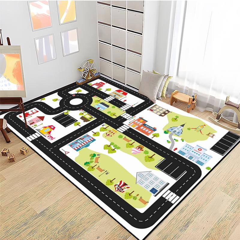 Kids Road Traffic Carpet Cartoon Car Toys Area Rug for Boys Girls City Life Educational Rugs Baby Room Bedroom Nursery Play Mat