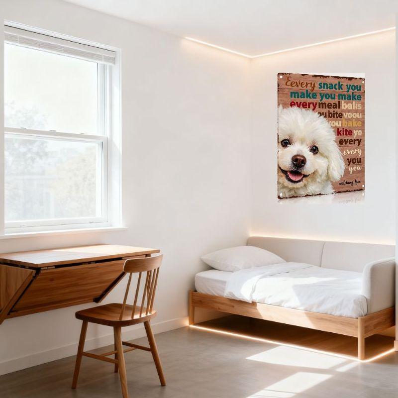 Rustic Vintage Dog Bichon Frise Metal Tin Sign Whimsical Happy Dog Wall Plaque for Home Kitchen Decor, Distressed Wooden Texture