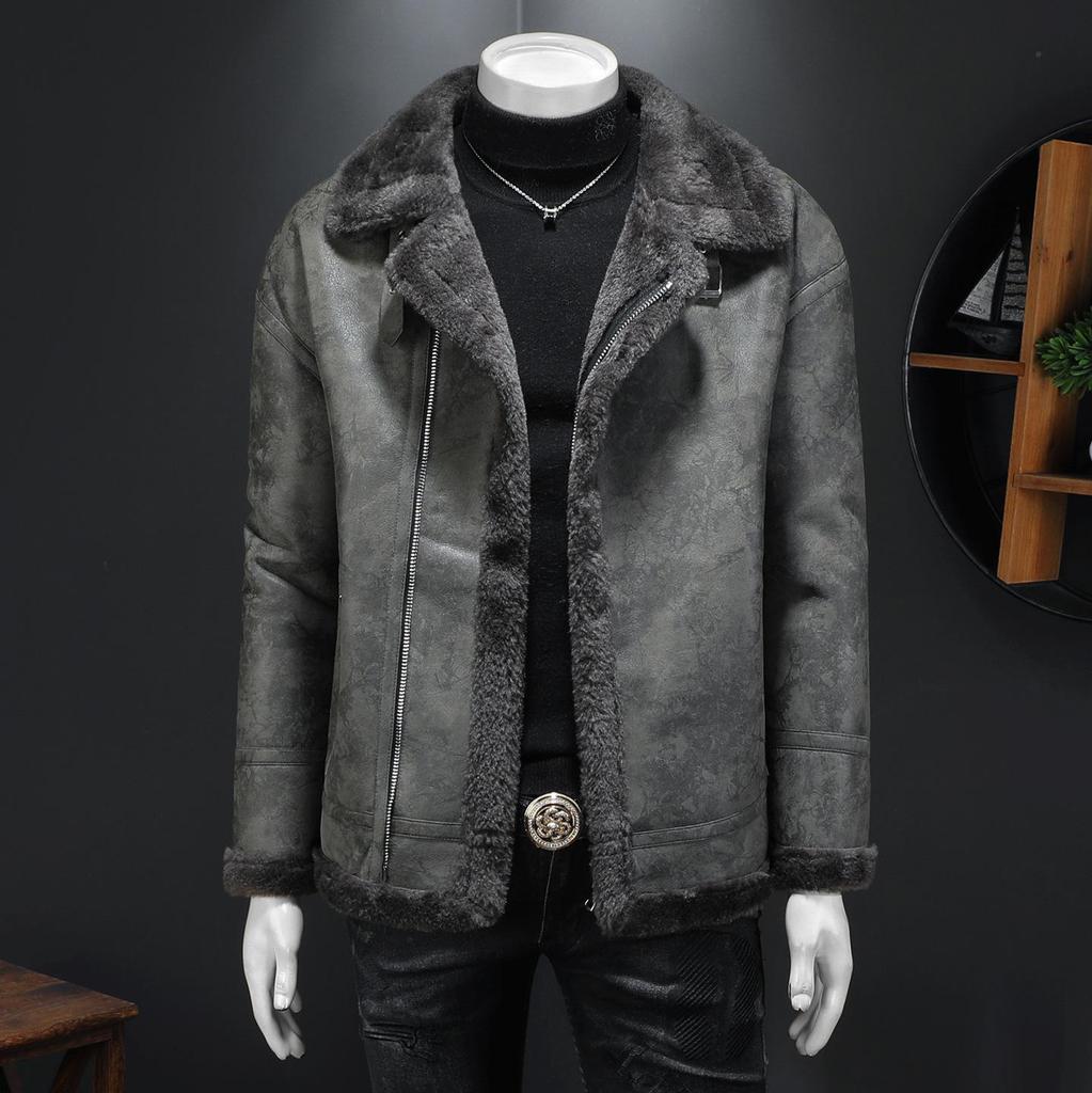 Men's Hong Kong Style PU Leather Fur-Lined Jacket