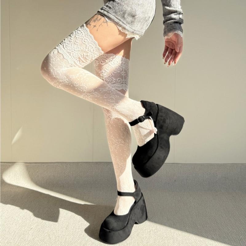 Stylish Long Boot Socks with Full Flower Lace Design for Women Sheer Colorful Fishnet Thigh High Over the Knee Stockings