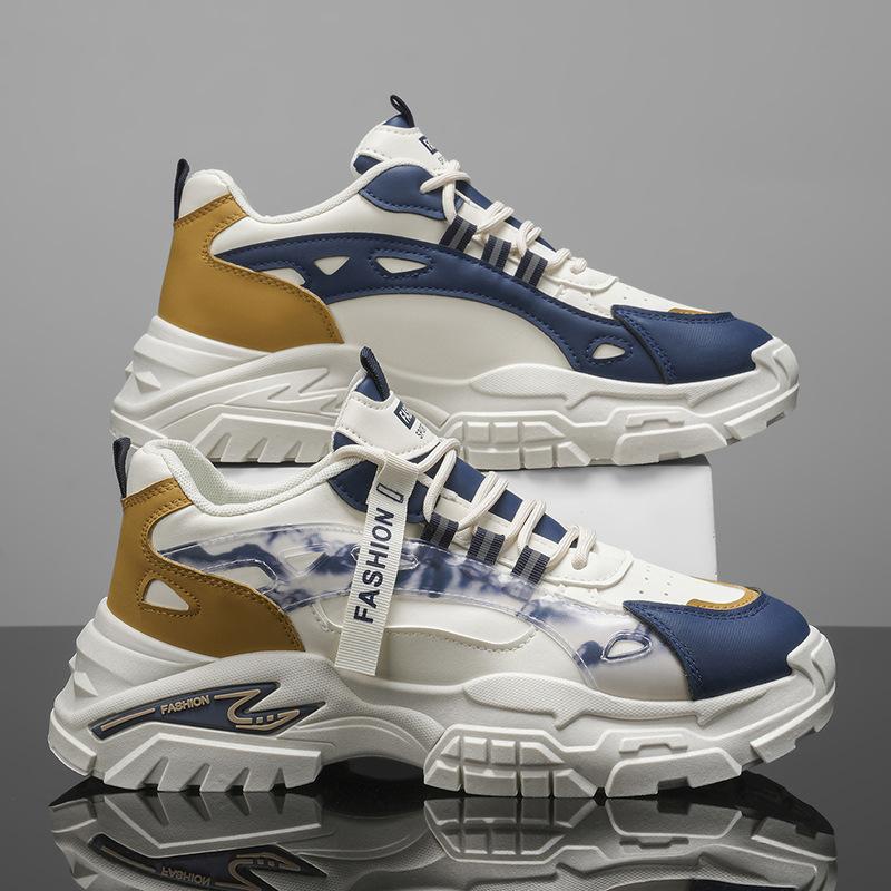 Men Leather Chunky Dad Sneakers, Breathable Fashion Student Work Casual Athletic Shoes