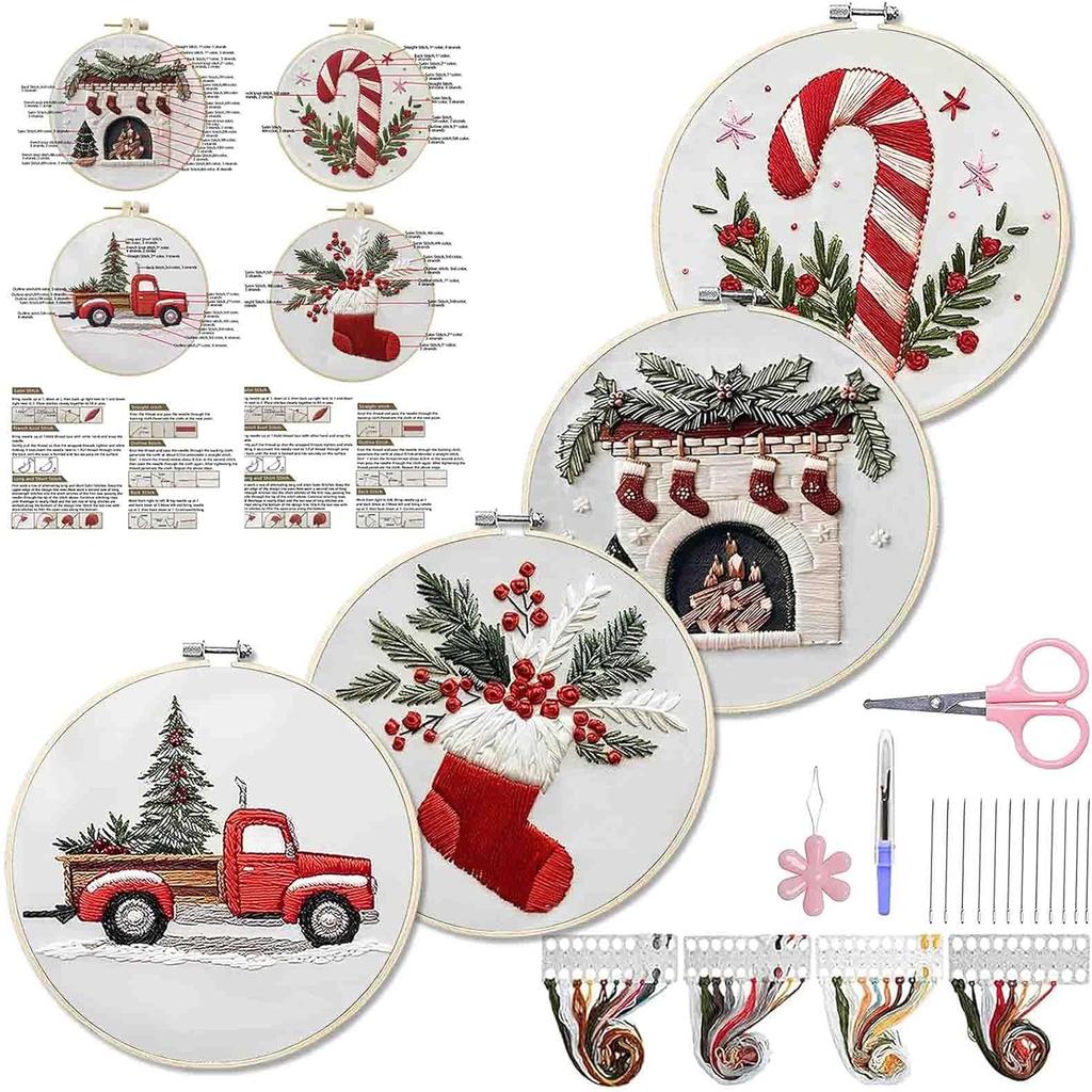 4 Sets Christmas Embroidery Kit for Beginners Cross Stitch Kits Needlepoint Kits for Adults with Pattern Needles Threads Tools