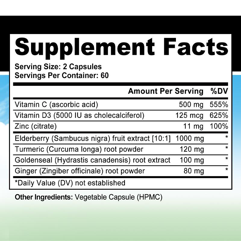 Elderberry Fruit Extract Dietary Supplement, With Vitamin C, D3, 120 Capsules Per Bottle