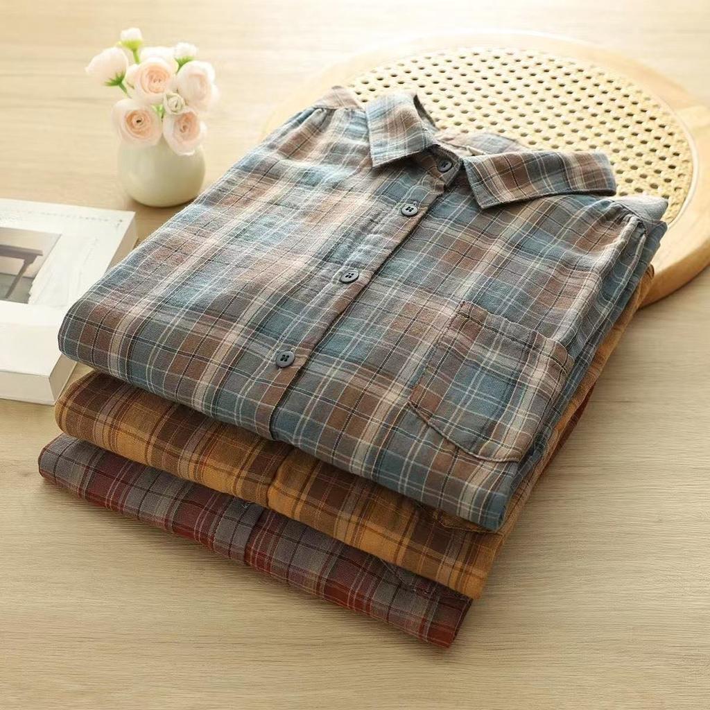 Soft Plaid Shirt Loose Fit Casual Long Sleeve Double Layer Cotton Comfortable Stylish Top Women Fashion
