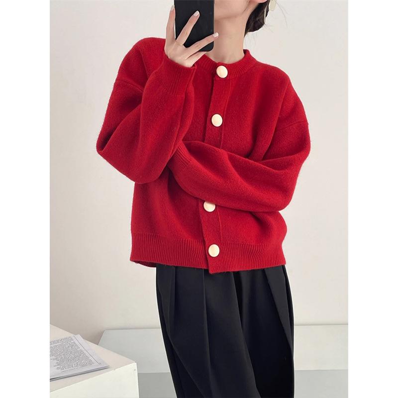 Design Sense Single-breasted Solid Color Knitted Sweater Women's Spring Coat Cardigan Lazy Loose Crew Neck Top