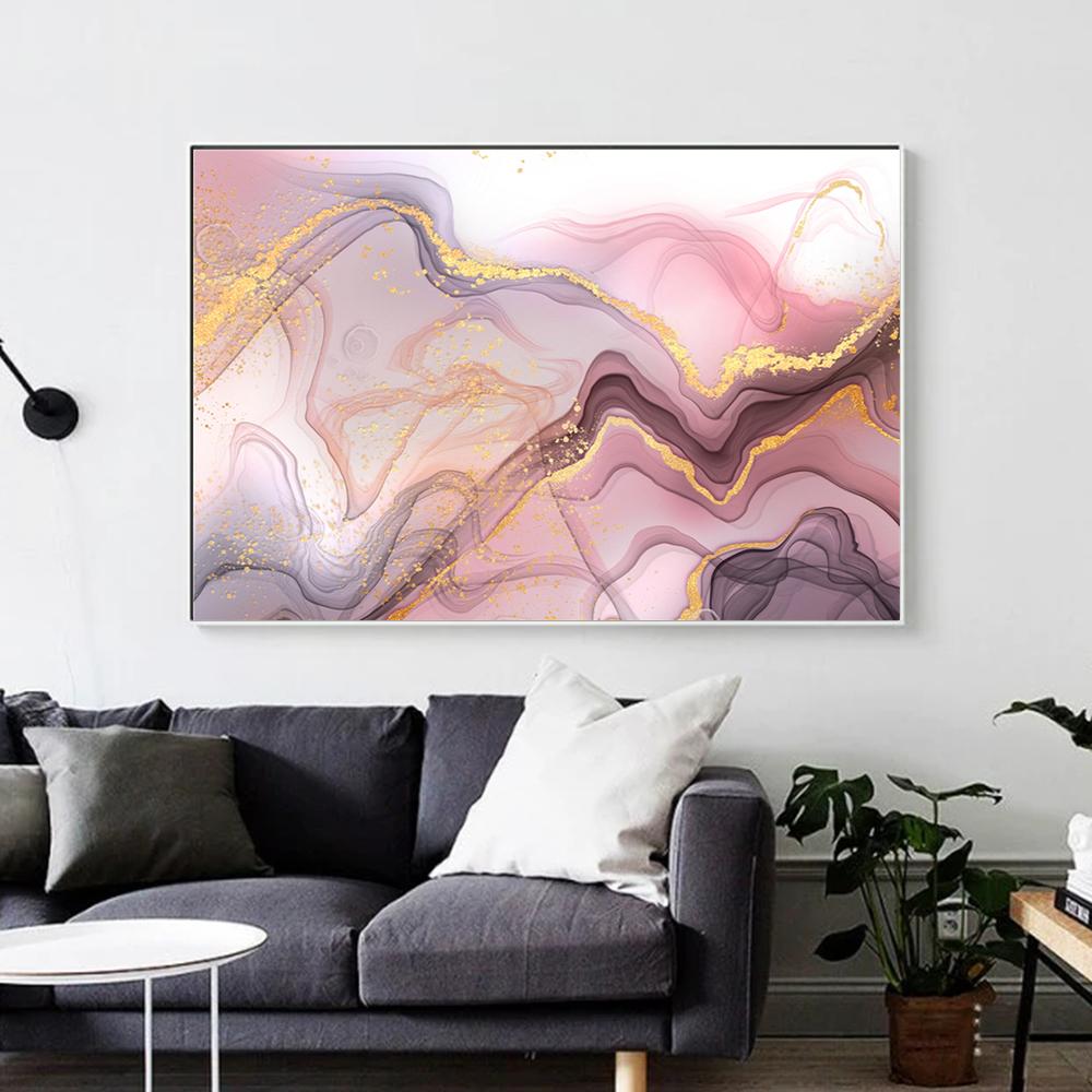 Abstract Pink Gold Porple Marble Poster Prints For Living Room Contemporary Home Decor Nordic Modern Canvas Painting Wall Art (with Frame)