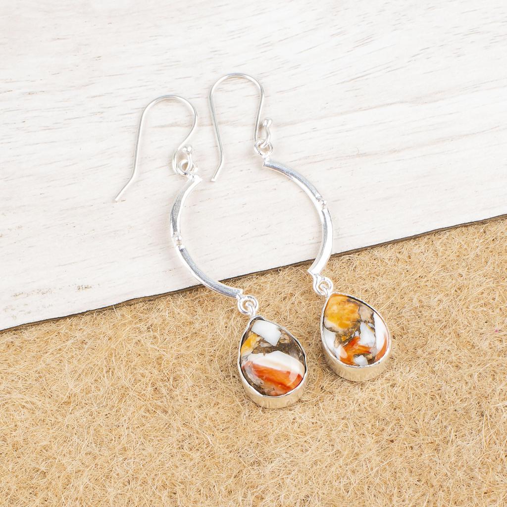 Orange Copper Turquoise Gemstone Jewelry, 925 Sterling Silver Earrings, Handmade Meditation Earrings For Wedding Gift