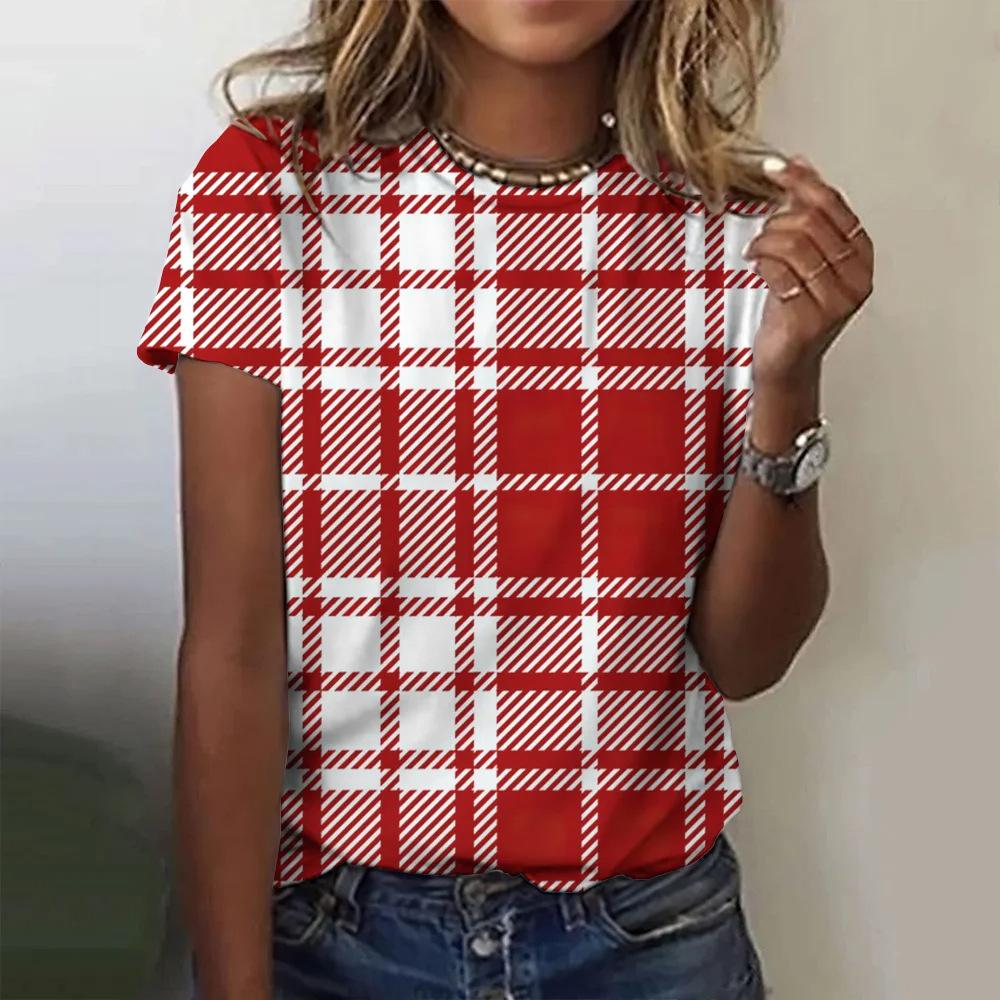 Plaid Printing Women's Printing Fashion Crew Neck Short Sleeve Casual Daily Wide T-Shirt Clothing