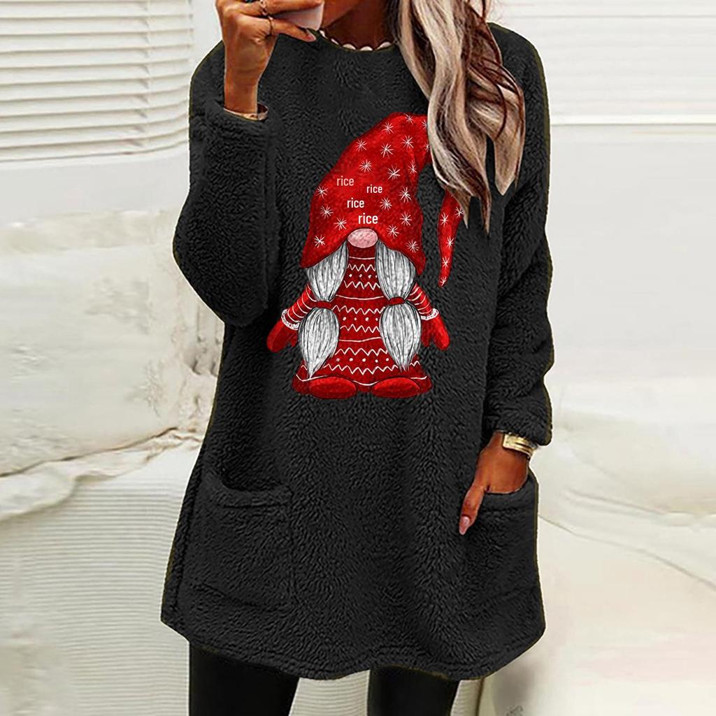 Women's Christmas Santa Print Round Neck Loose Long Sleeve Pocket Plush Hoodie