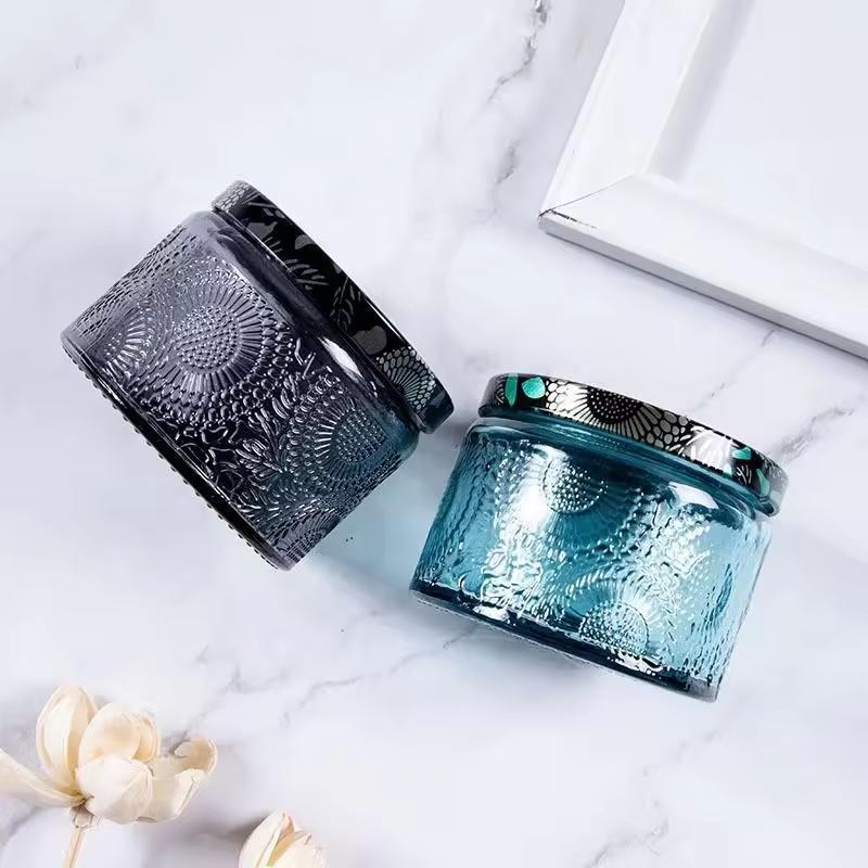 4oz Romantic Embossed Glass Candle Holder Jar Lid Handmade Empty Glass Container Home Office Christmas Decoration Printed