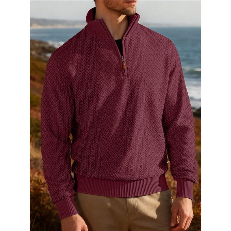 Men's Quarter Zip Pullover Sweater Diamond Jacquard Knit Stand Collar Long Sleeve Casual Sweatshirt For Business & Daily Wear