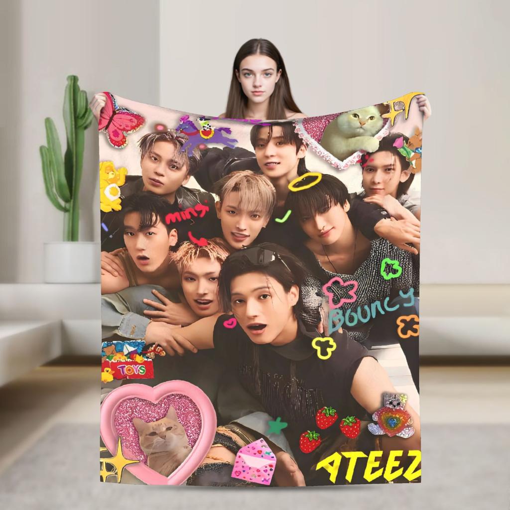 Kpop Ateez Band Soft Warm Blanket  Picnic Plush Throw Blanket Street Trend Outdoor Flannel Bedspread Sofa Bed Cover