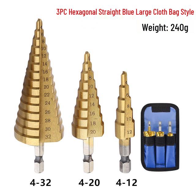 Hex Shank Step Drill Bit Set: Straight & Spiral Flutes, Tapered Hole Opener, Chamfering, with Cloth Bag Packaging.
