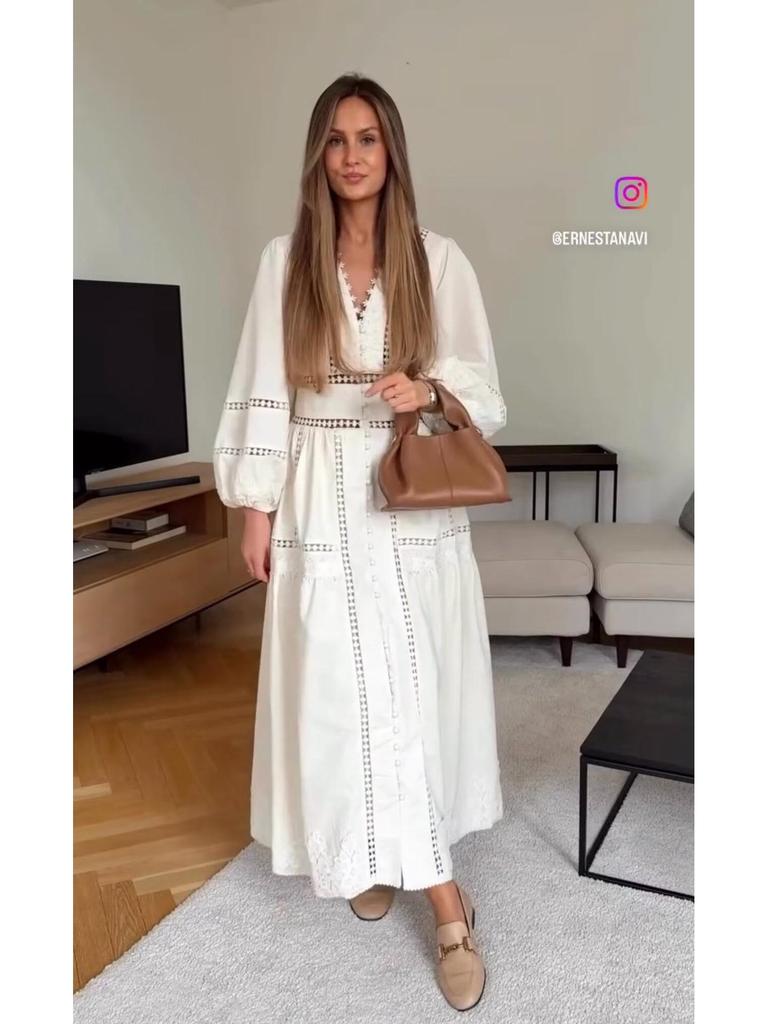 Women's European American Lace Trim V-Neck Long Sleeve Dress