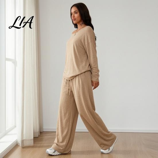 Solid Color Matching Sets Women Sweatshirt Pants 2-Piece Set, Off Shoulder Long Sleeve Top & Lounge Set Wide Leg Trousers, for Spring Autumn Two