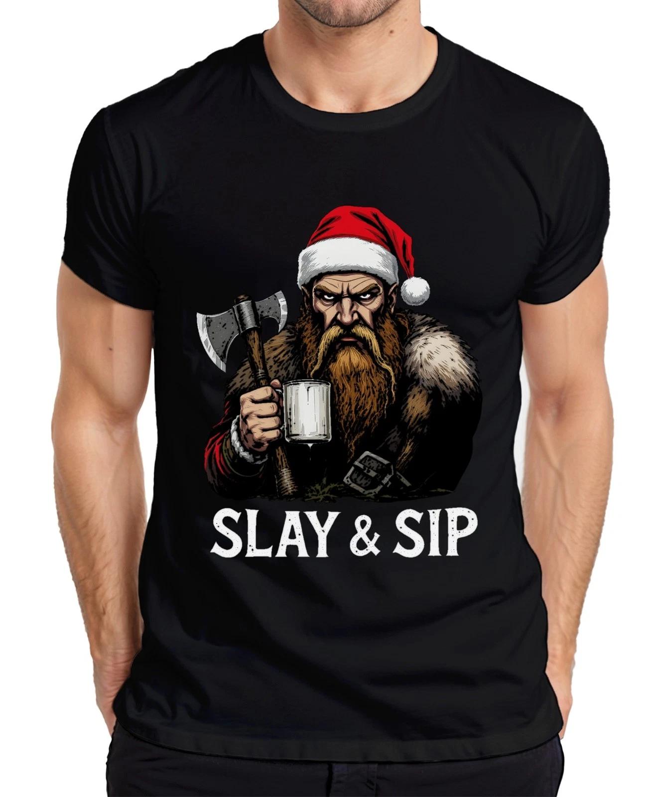 SLAY & SIP Wikinger Bart Axt Becher Geschenk lustig düster Retro Herren T-Shirt S