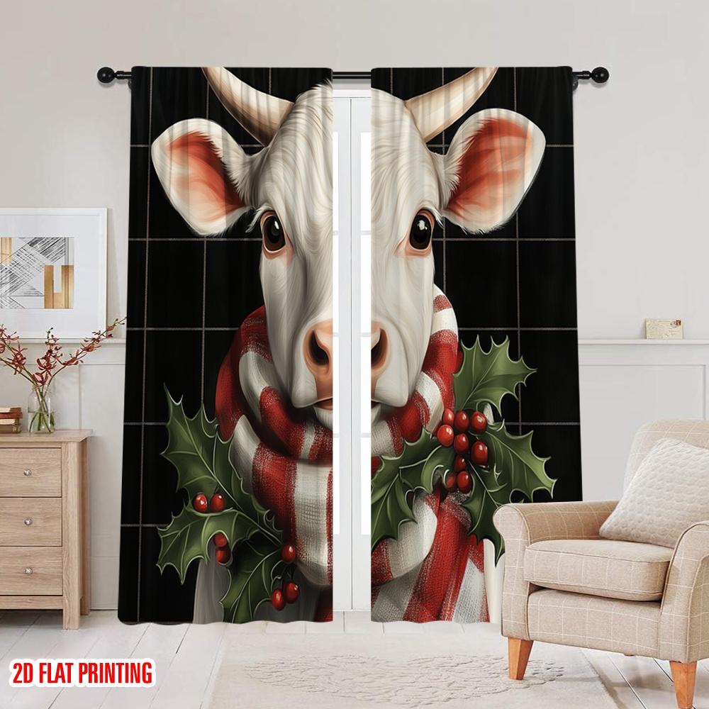 2pcs,2D plane printing Popular Curtains Christmas Cow Holly Scarf (2) Versatile Fabric (without rod) Decorations Outdoor Ldeal