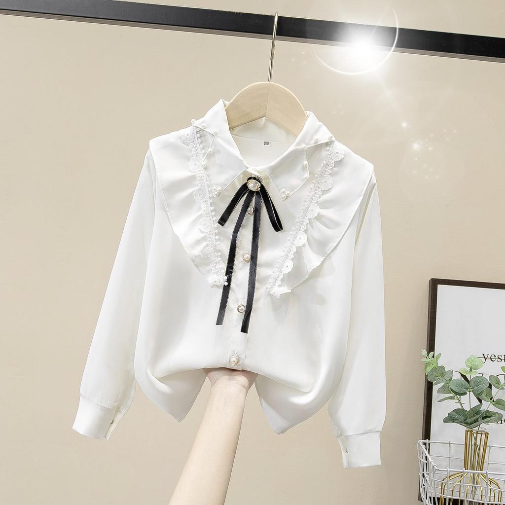 Girls' Long Sleeve White Shirt - Fashionable Korean Style for Children, Ideal for Spring and Autumn, Suitable for School Uniforms
