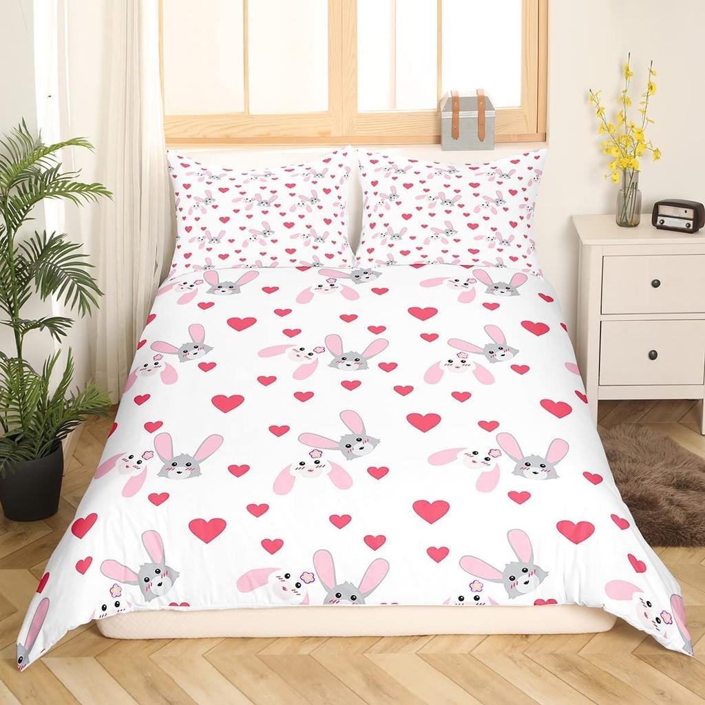 Rabbit Duvet Cover Set Polyester Comforter Cover Twin Size,Pink Floral For Girls Women Cute Bunny Bedding Set With Pillowcase